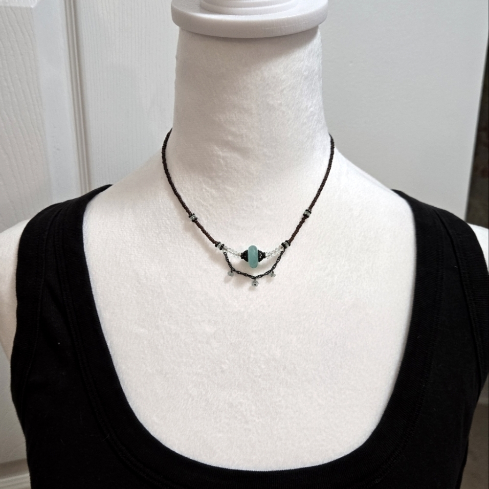 Elegant Beaded Necklace with Aqua and Bronze colored beads. Adjustable length